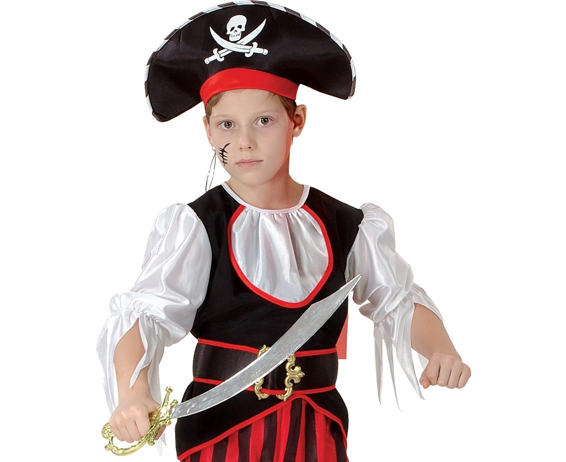 Role play-set for kids Red Pirate (shirt with jabot, pants with "boots", belt, hat with headband), size 120/130 cm EOL